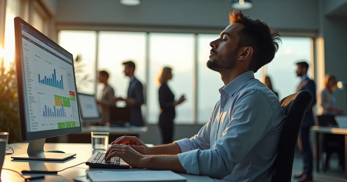 Profissional respirando fundo em ambiente de trabalho sob pressão 