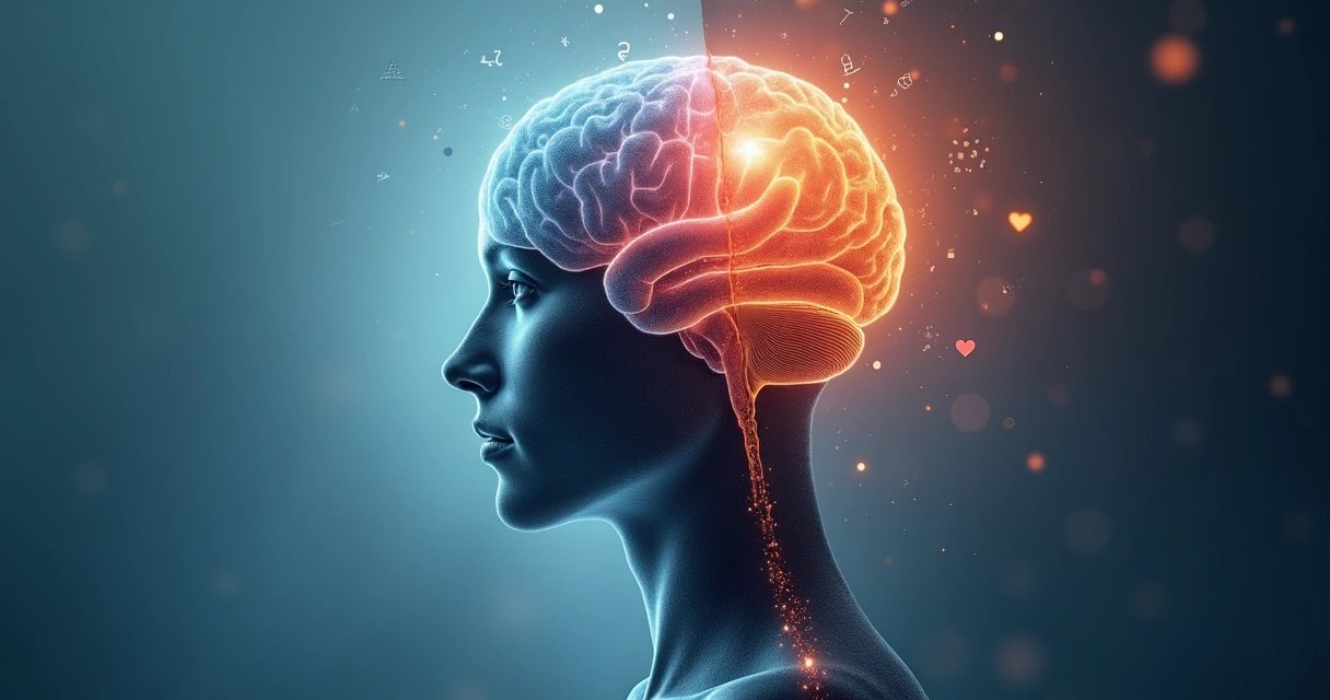 Cérebro dividido entre lado racional e lado emocional em equilíbrio 