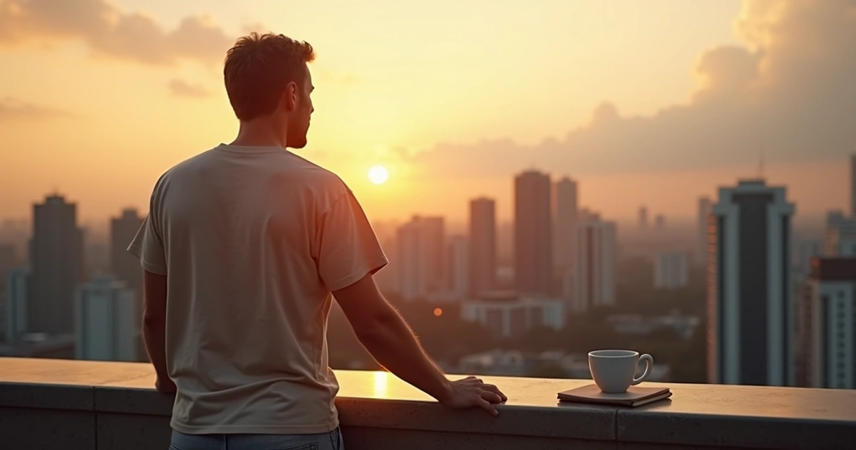 Adulto contemplando a cidade ao pôr do sol em atitude de reflexão tranquila 