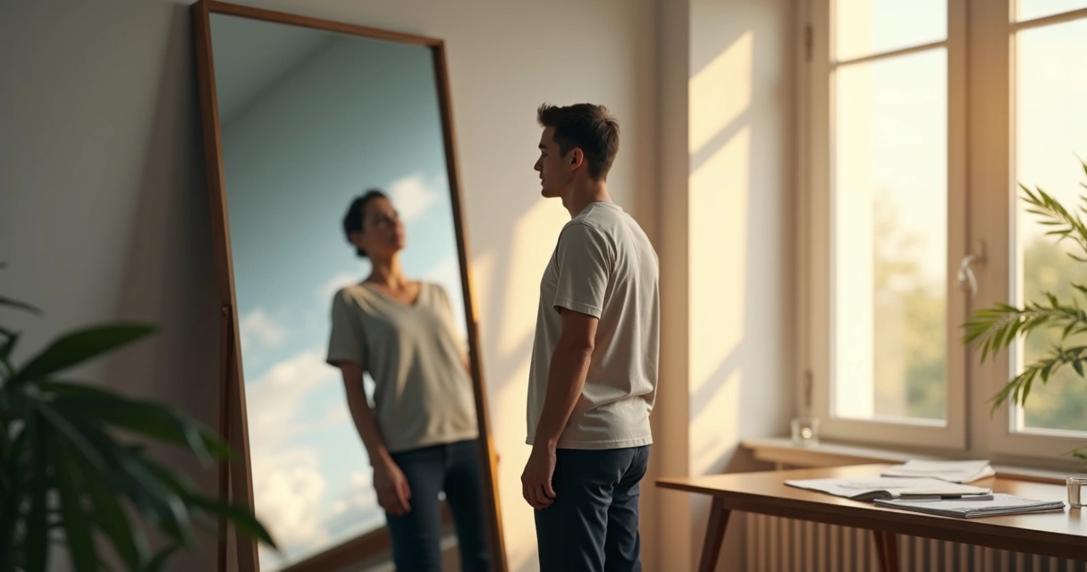 Pessoa adulta contemplando o próprio reflexo dividido entre caos e equilíbrio emocional 