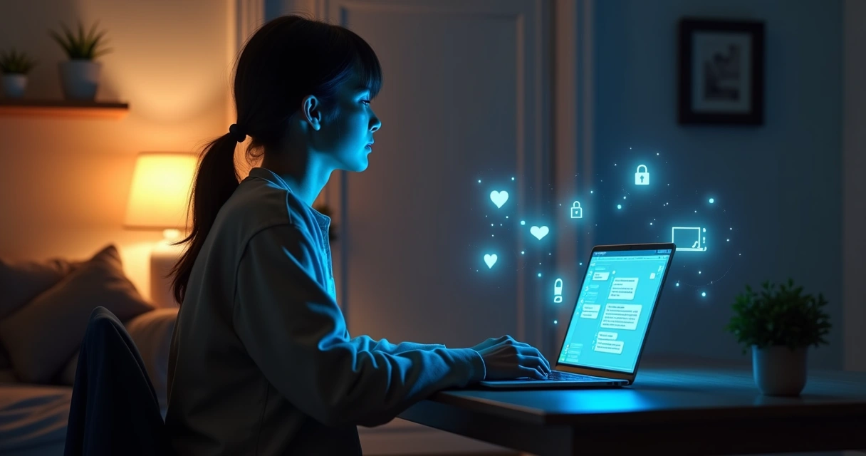 Pessoa usando notebook à noite com ícones de conversas digitais flutuando ao redor 