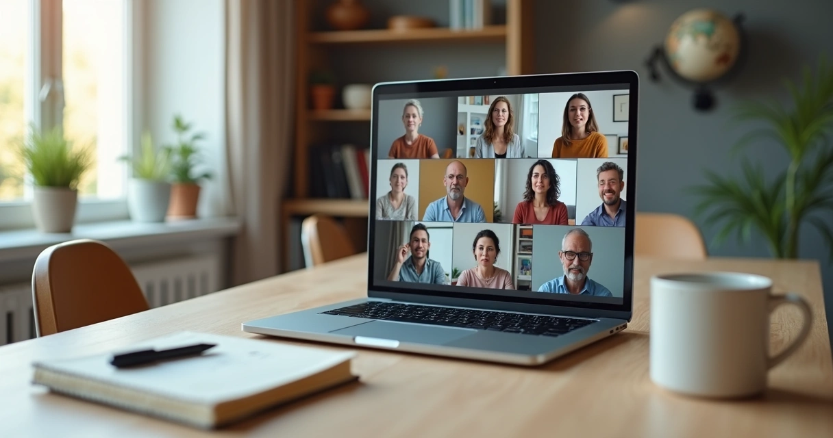 Grupo diverso em videoconferência conectando-se com empatia e calma 