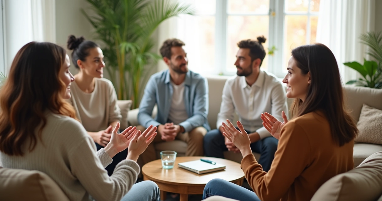 Grupo diverso de adultos conversando em círculo com expressão calma e acolhedora 