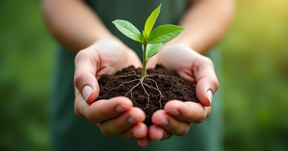 Mãos de adulto segurando uma pequena árvore crescendo, simbolizando maturidade emocional e crescimento interno 