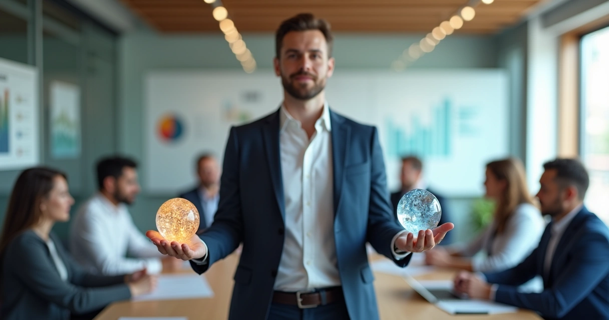 Executivo equilibrando emoções e resultados em ambiente corporativo moderno 