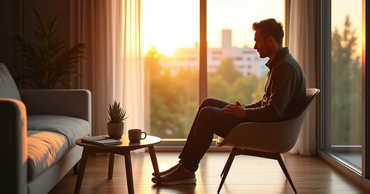 Pessoa sentada em silêncio perto da janela com expressão serena 