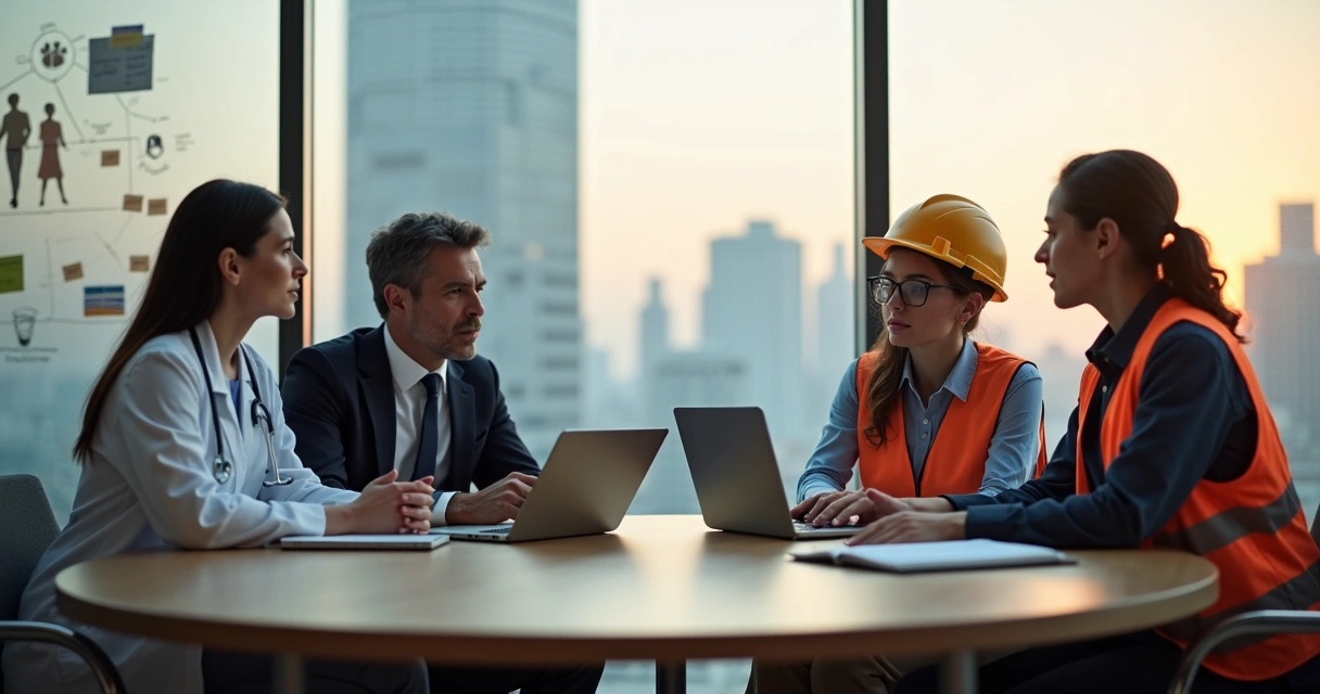 Equipe diversa de diferentes setores em reunião simbolizando maturidade emocional no trabalho 