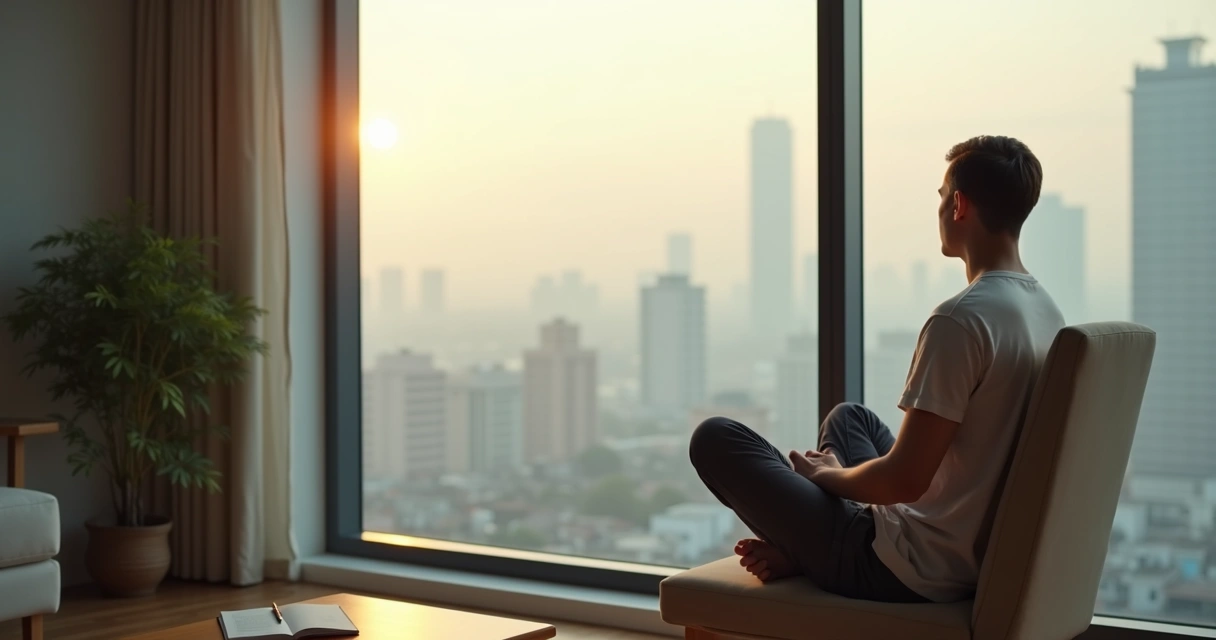 Pessoa serena sentada à janela observando cidade em dia nublado 