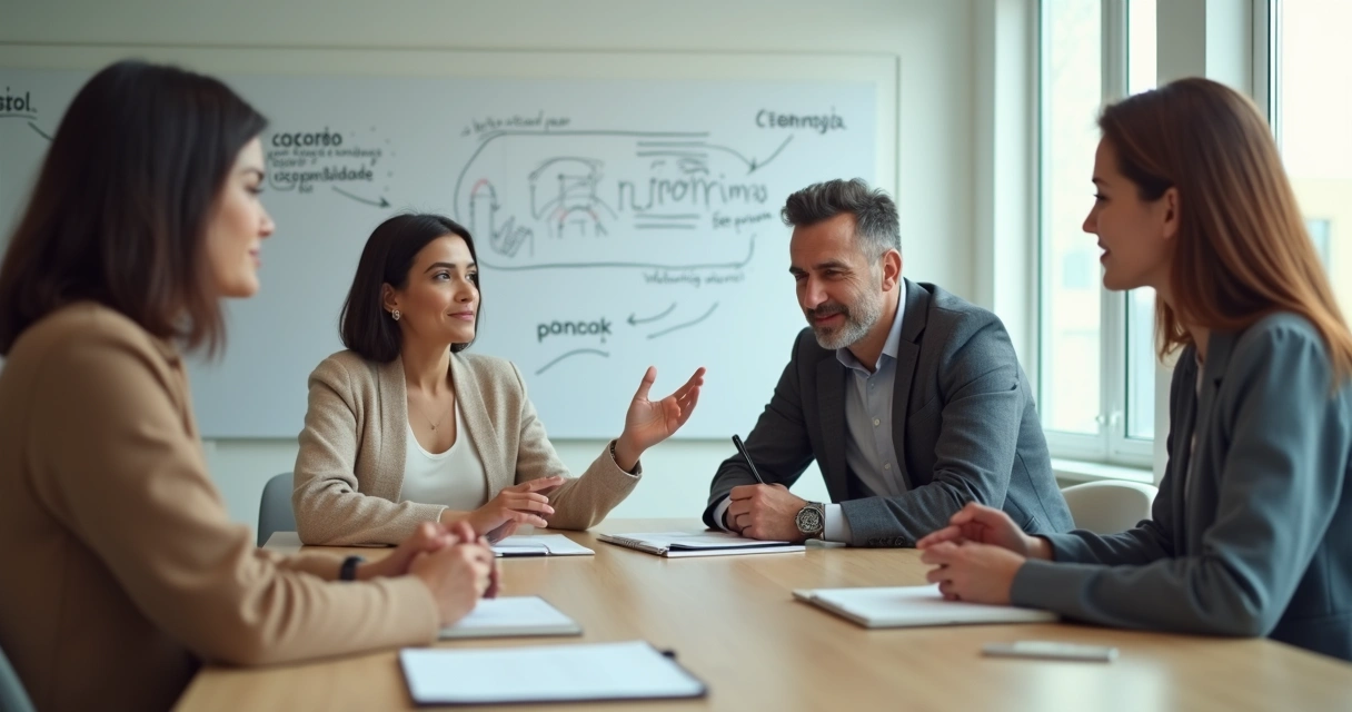 Equipe diversa em reunião tranquila demonstrando maturidade emocional no trabalho 