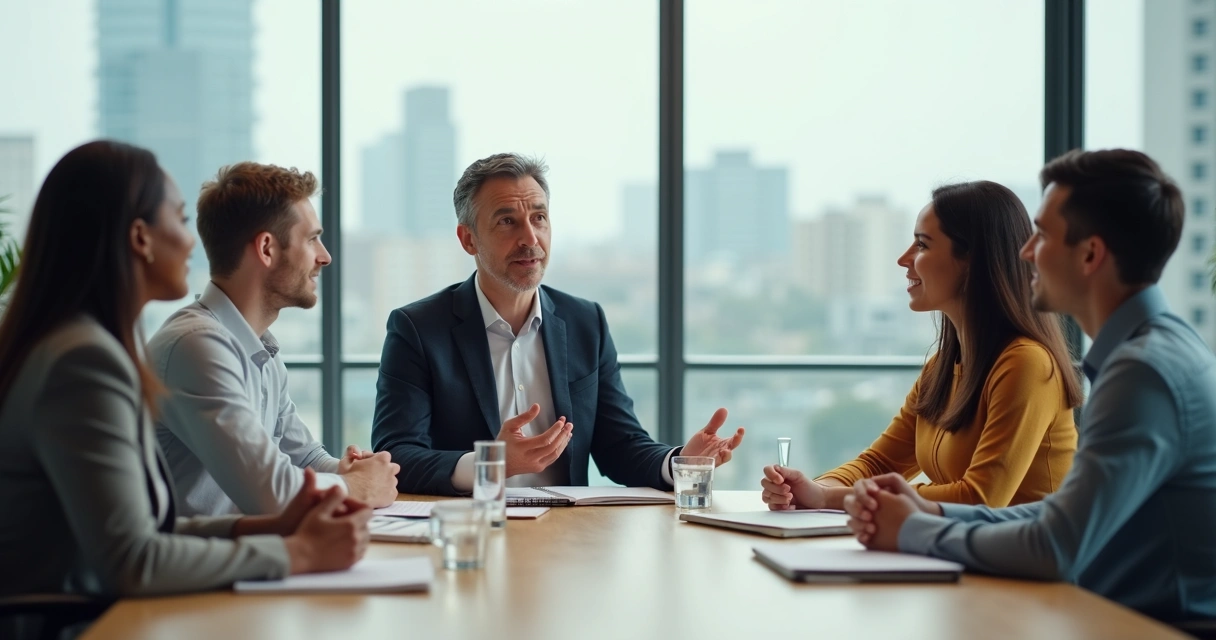 Equipe diversa em reunião tranquila demonstrando maturidade emocional no trabalho 