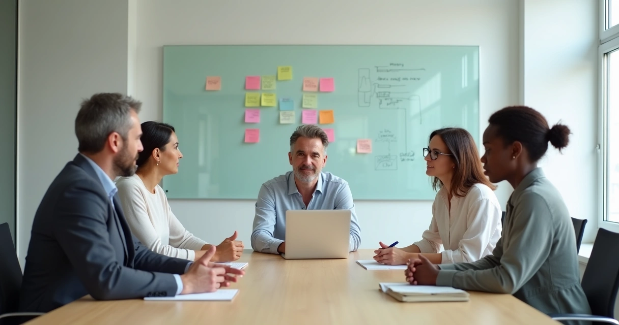 Equipe diversa em reunião tranquila demonstrando maturidade emocional no trabalho 