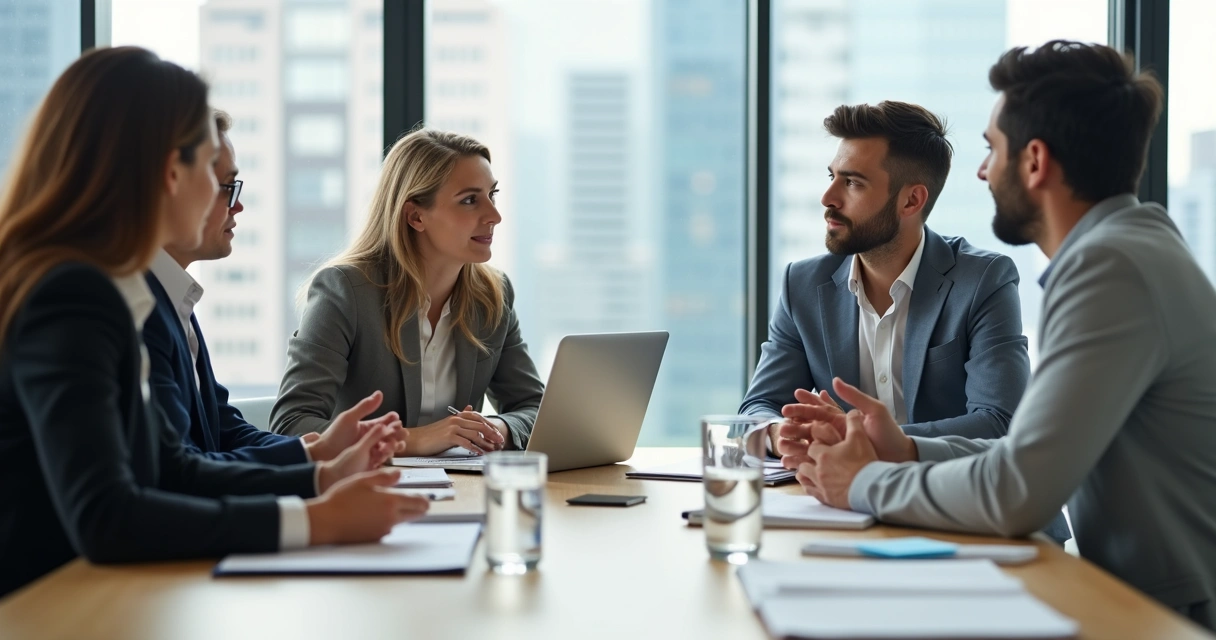 Equipe diversa em reunião calma demonstrando maturidade emocional no trabalho 