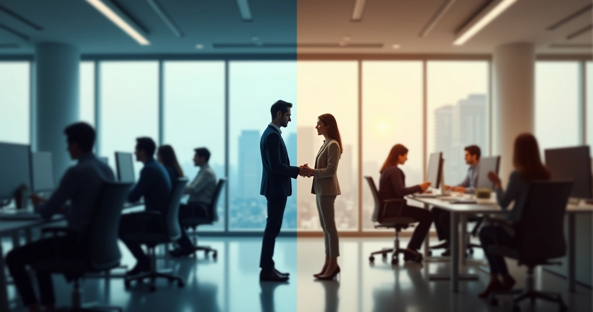 Profissional calmo em destaque em frente a equipe tensa em escritório moderno 