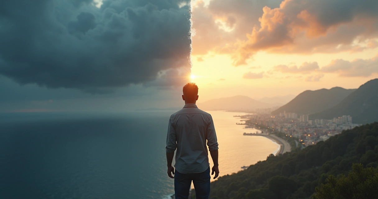 Pessoa em contemplação diante de paisagem dividida entre caos e harmonia 