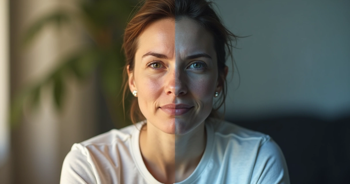 Metade do rosto serena e metade tensa contrastando maturidade emocional e controle das emoções 