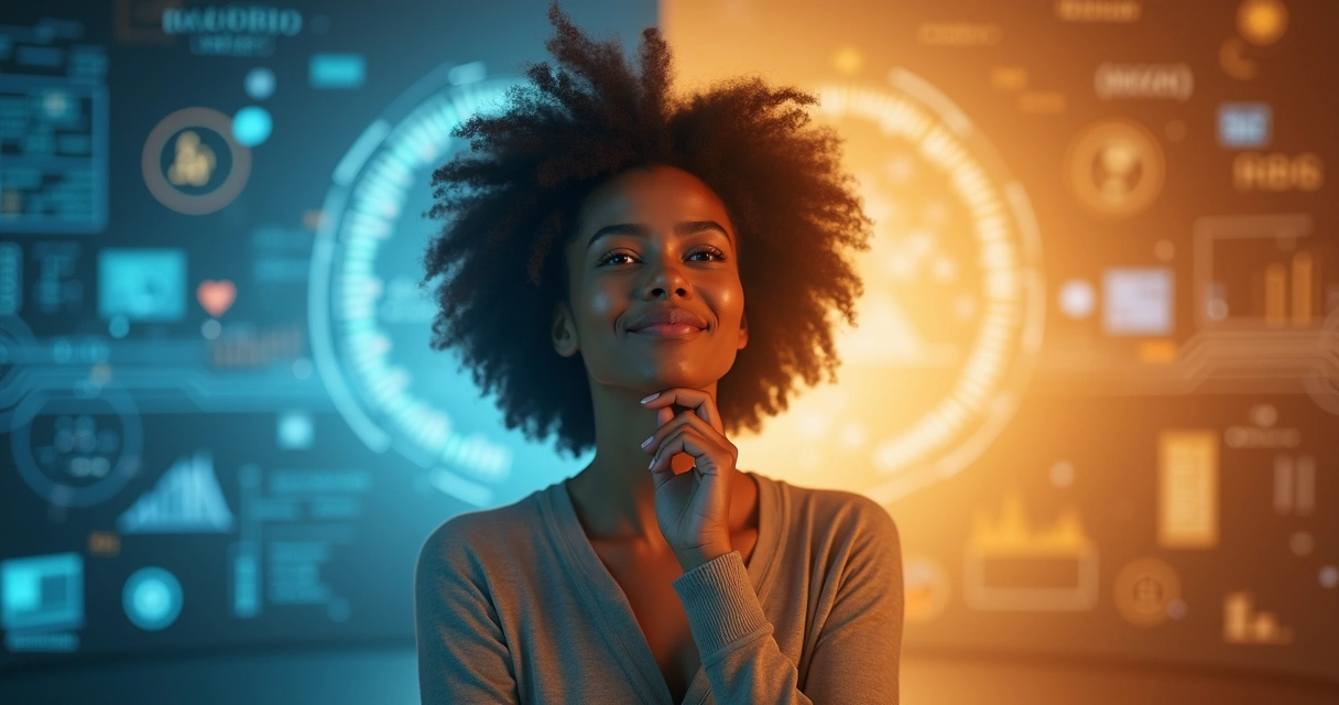 Pessoa dividida entre lado racional e lado emocional em equilíbrio 