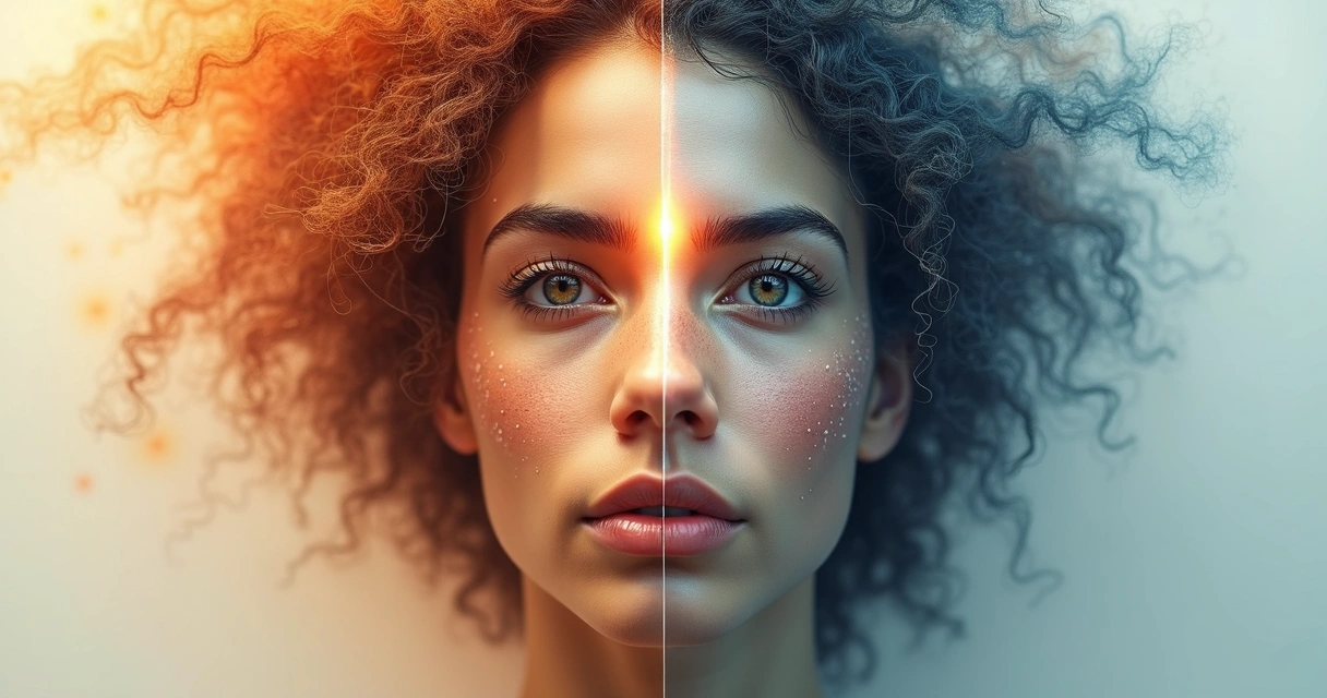 Metade de um rosto dividido entre lado emocional colorido e lado racional minimalista 