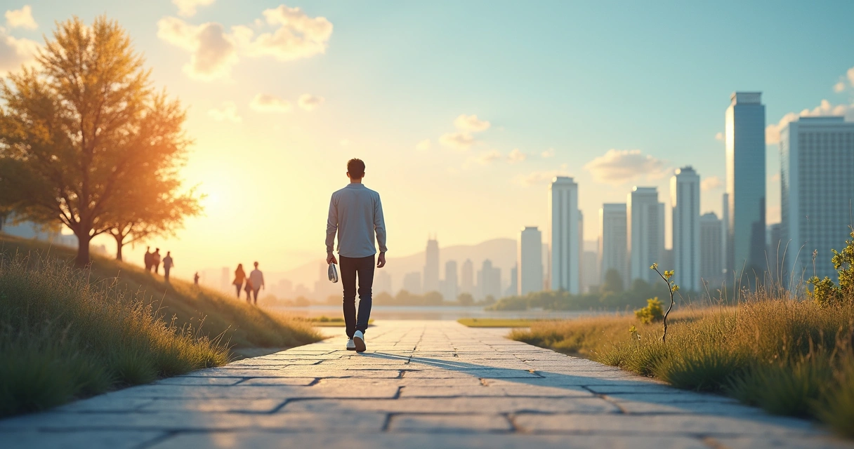 Pessoa adulta caminhando em equilíbrio entre vida pessoal e profissional 