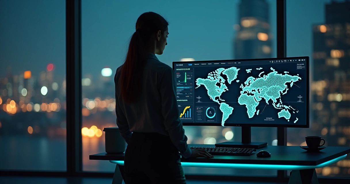 Pessoa analisando painel digital com indicadores éticos em ambiente virtual global 