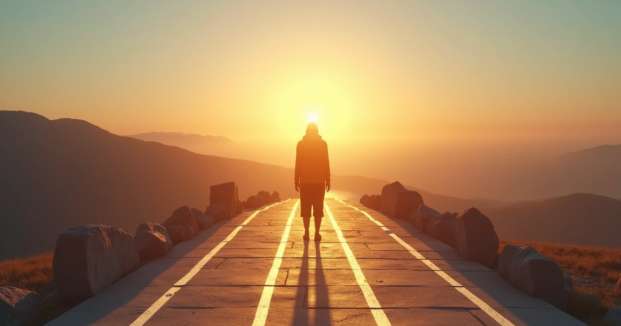 Pessoa em encruzilhada olhando para caminho iluminado representando maturidade ética 