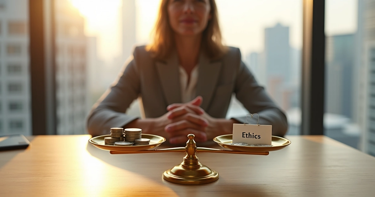 Pessoa avaliando dinheiro sobre balança de justiça em ambiente corporativo 