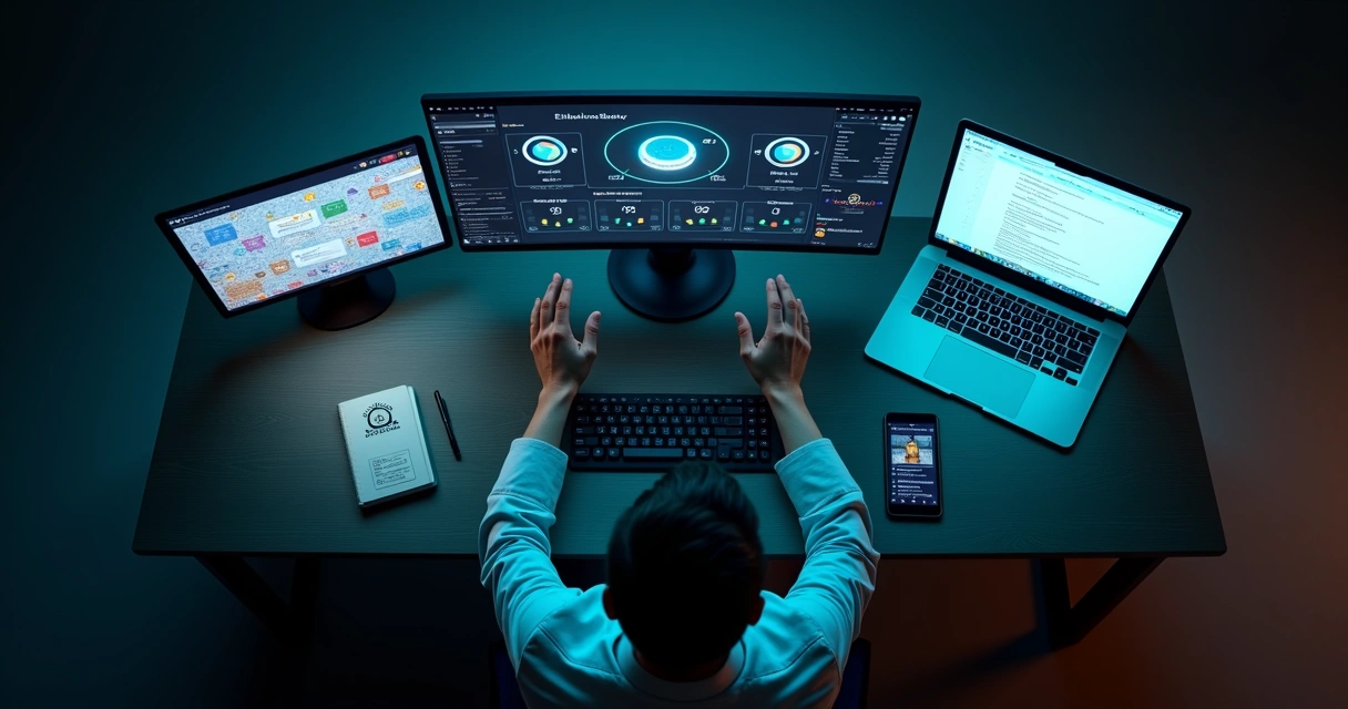 Pessoa em frente a diversos dispositivos digitais equilibrando notificações positivas e negativas 