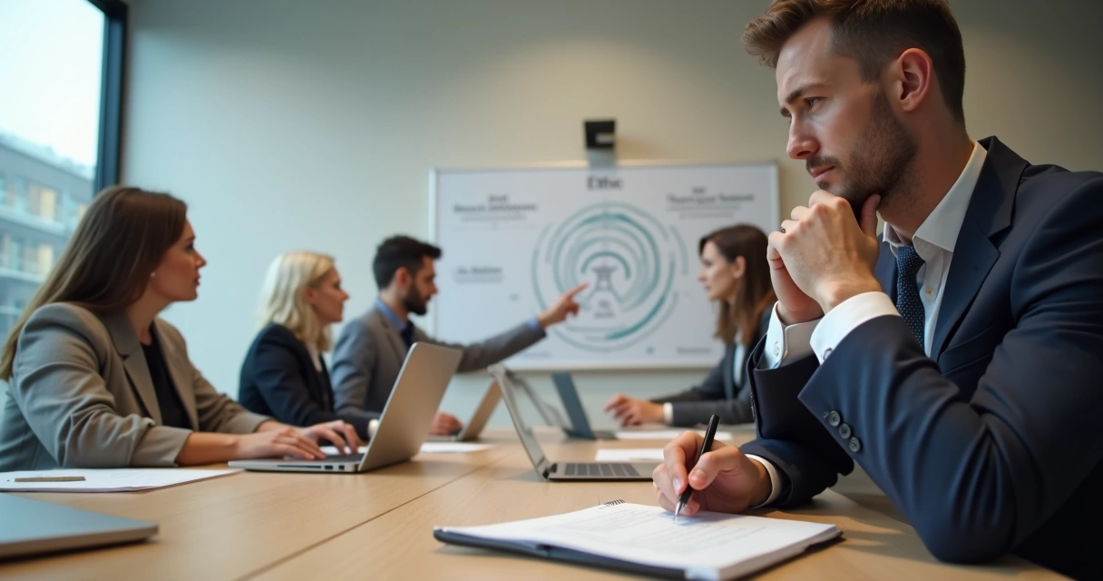 Profissional refletindo diante de equipe em reunião sobre dilemas éticos no trabalho 