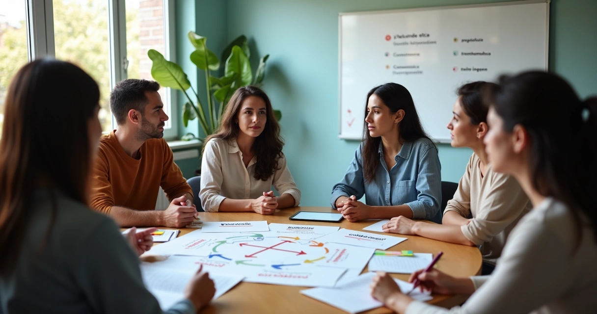Reunião diversa em círculo discutindo ética em projeto social 