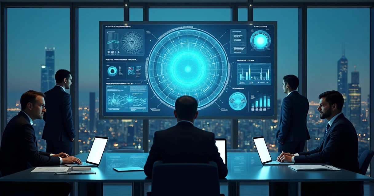 Executivos financeiros analisando painel digital com indicadores de maturidade em inteligência artificial 