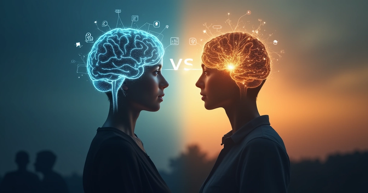 Cérebro e coração conectados em equilíbrio sobre um fundo sereno 