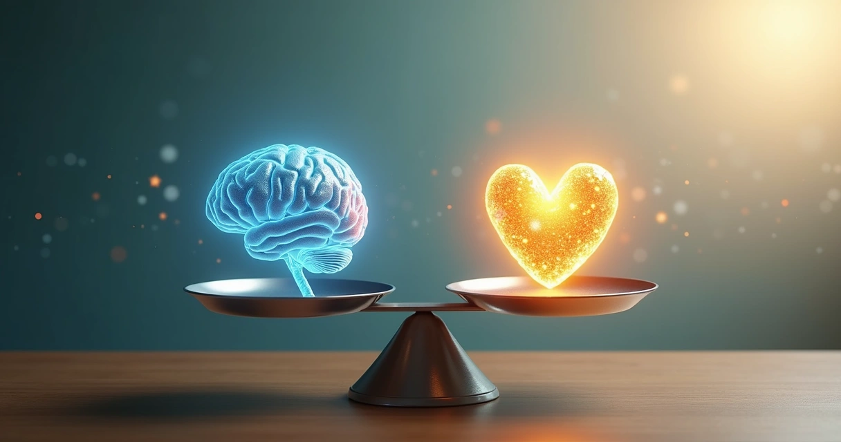 Cérebro e coração equilibrados em balança representando inteligência e maturidade emocional 