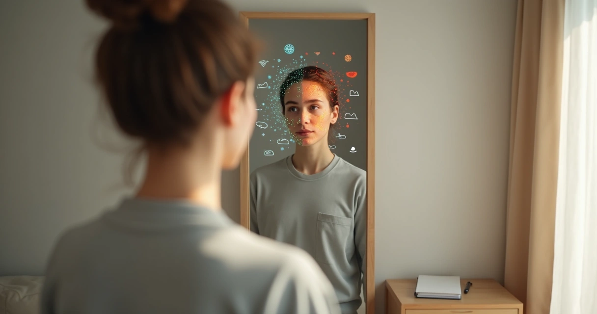 Pessoa refletindo diante de espelho com metade racional e metade emocional 