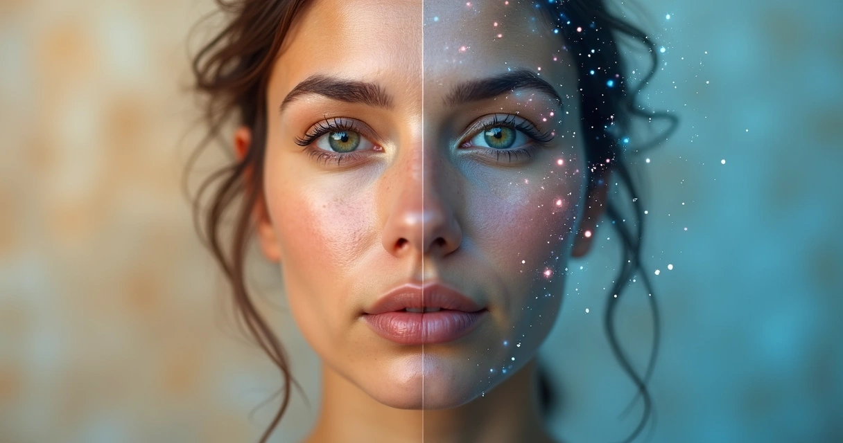 Rosto dividido simbolizando maturidade e inteligência emocional lado a lado 