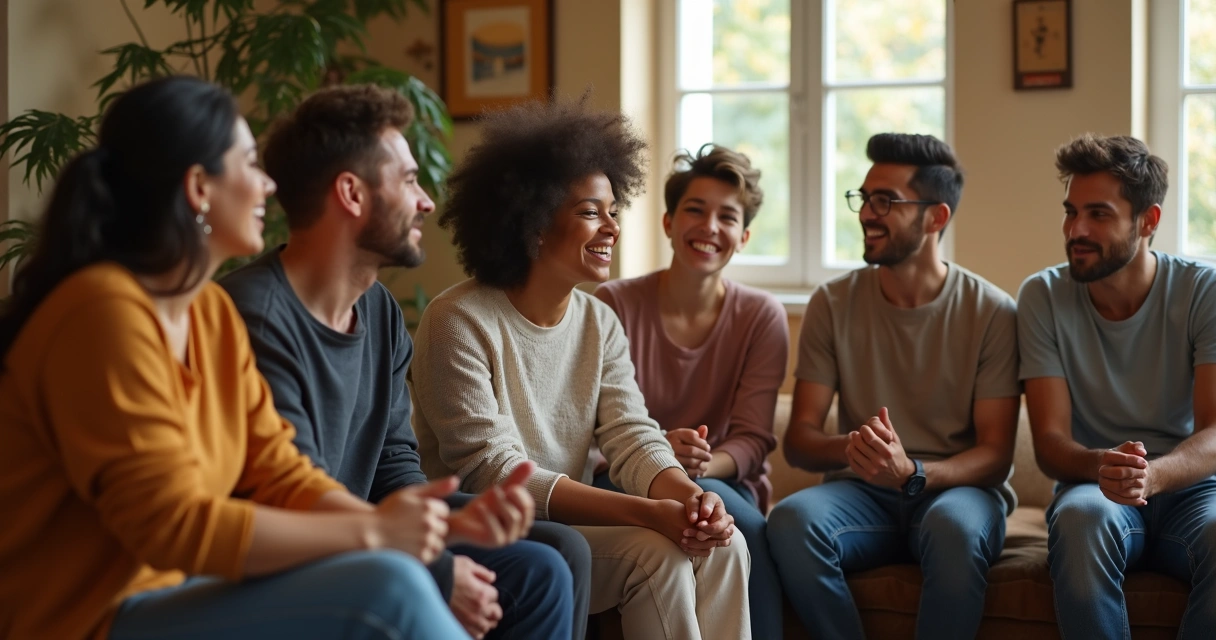 Grupo de pessoas sentadas conversando em um ambiente acolhedor 