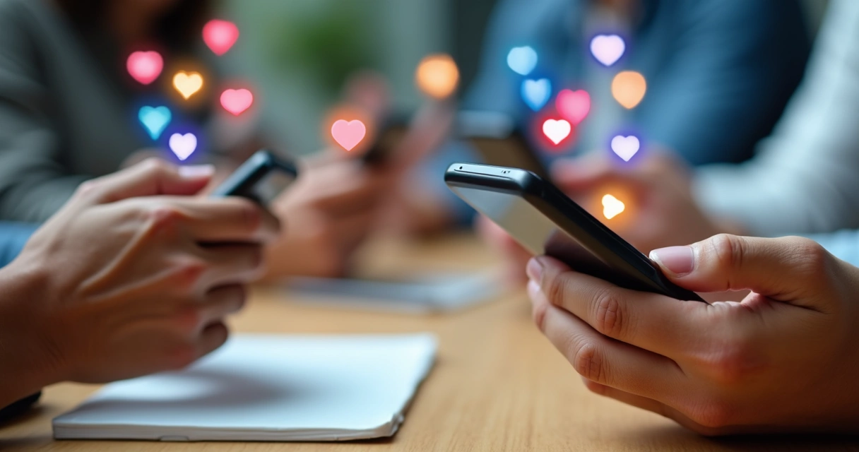Mãos de pessoas diversas segurando celulares com ícones de like flutuando 