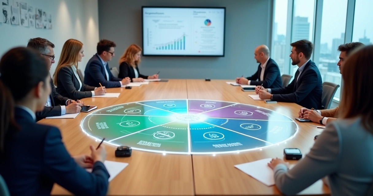 Painel circular com seis níveis de maturidade organizacional em reunião estratégica 