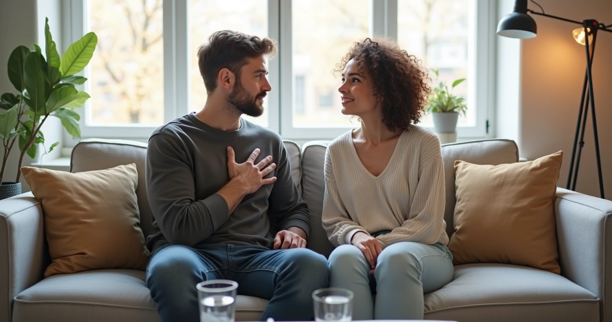 Casal sentado em sofá conversando de forma calma e madura em sala iluminada 