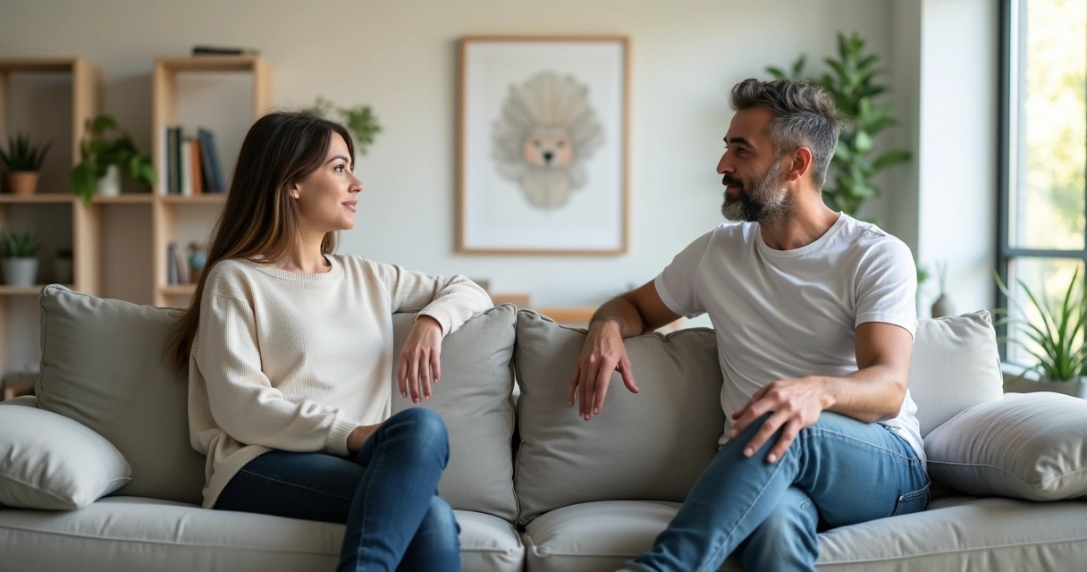 Casal sentado em sofá conversando com calma em sala iluminada 