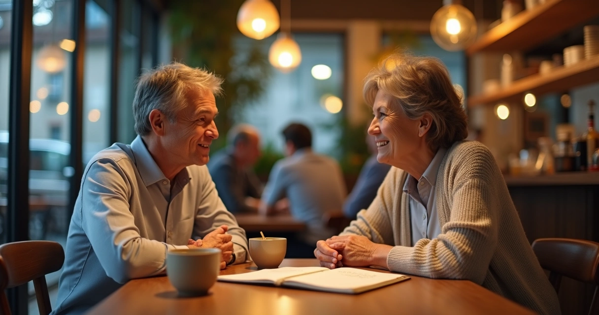 Casal maduro conversando sentado à mesa com xícaras e expressão serena 