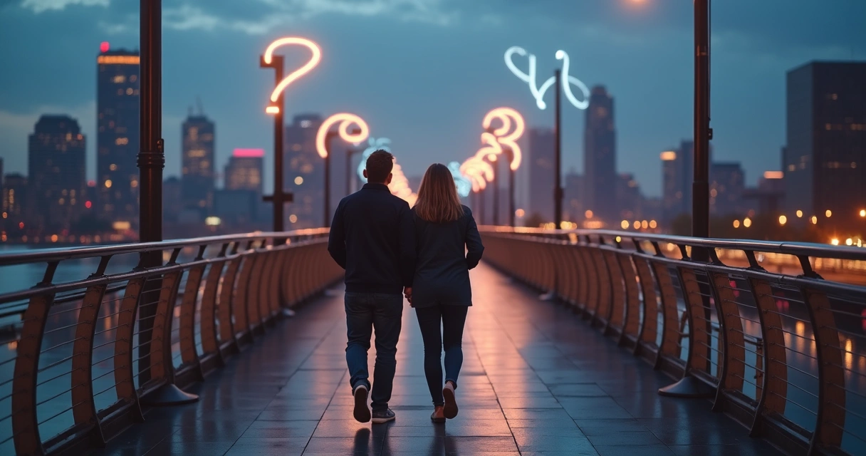 Casal caminhando em ponte iluminada com cidade ao fundo 