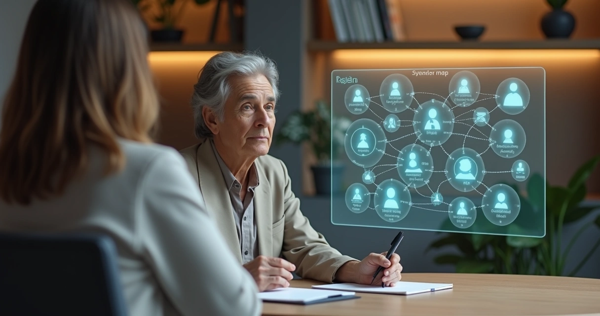 Terapeuta observando sistema de relações em painel transparente durante atendimento complexo 