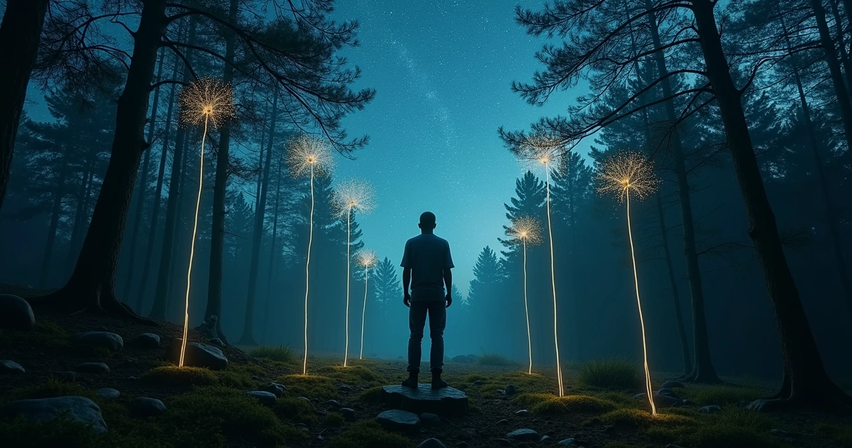 Pessoa observando céu estrelado e árvores conectadas por caminhos de luz 