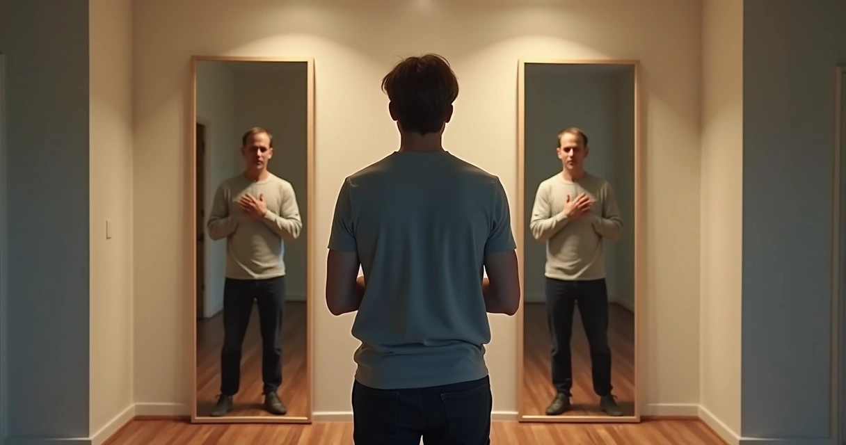 Pessoa em frente a dois espelhos mostrando reações emocionais diferentes 