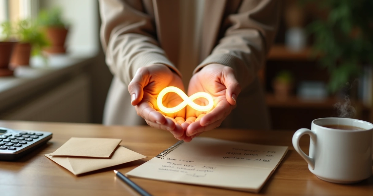 Mãos abertas segurando pequeno símbolo de infinito luminoso sobre mesa com finanças 