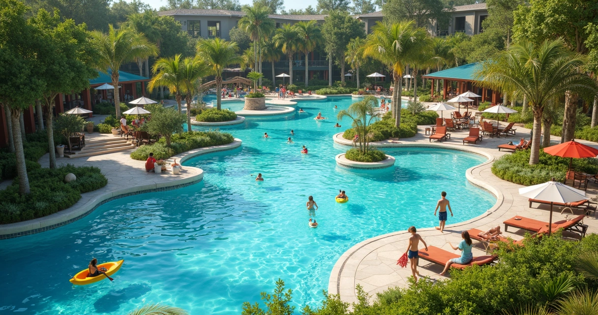 Vista do lago e piscina em resort cercado por natureza 