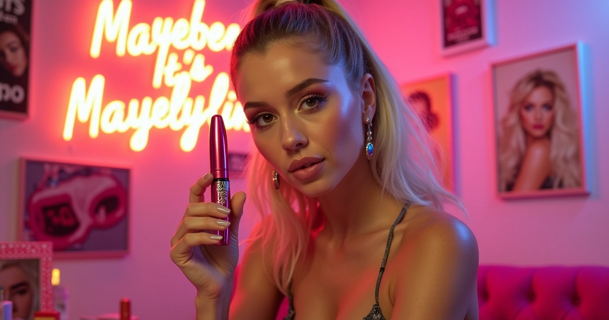 Miley Cyrus segurando maquiagem Maybelline em uma sala vibrante 