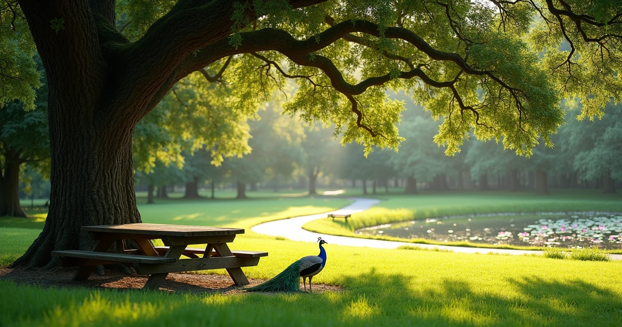 Shady picnic table with peacock nearby at Mayfield Park