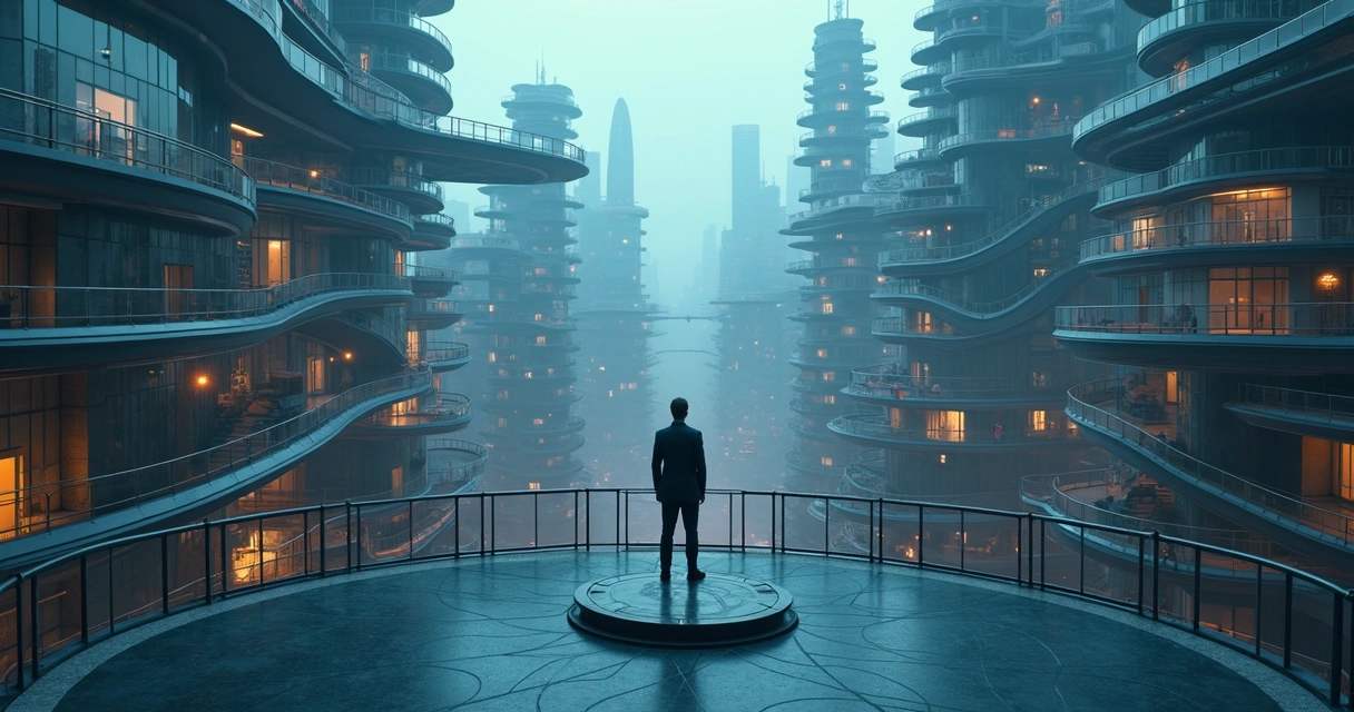 Leader standing at junction of floating bridges in surreal maze city 