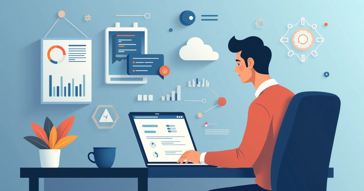 Profissional estudando com notebook e gráficos de software na tela, ao lado de elementos visuais relacionados a IA e arquitetura.