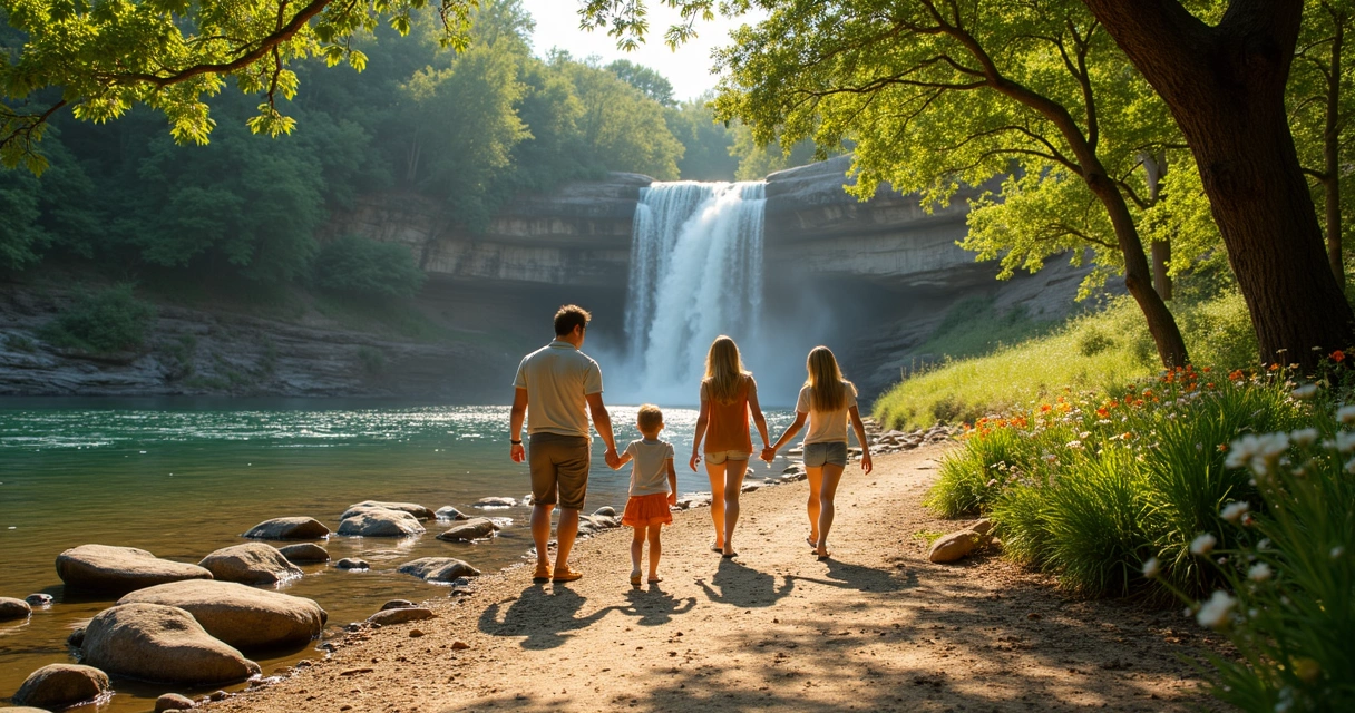 Family walking near waterfalls at McKinney Falls State Park